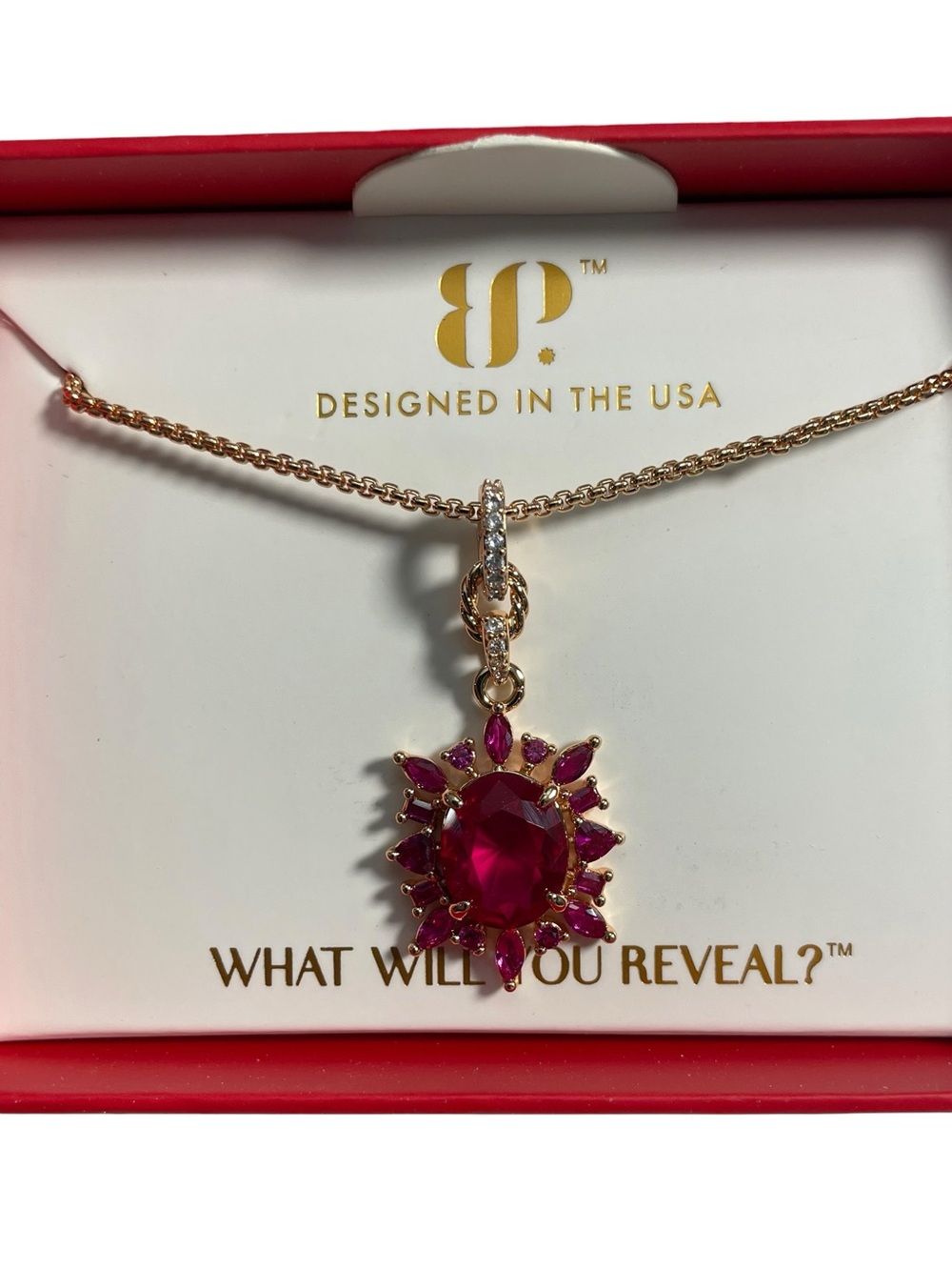 Bomb Party July 2026 NK50282 “The Fiona Necklace” Rose Gold/Ruby NIB